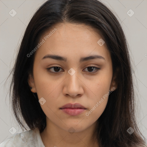 Neutral white young-adult female with long  brown hair and brown eyes