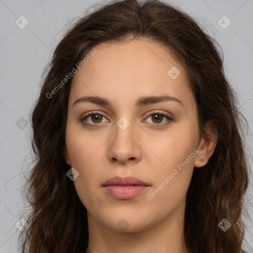 Neutral white young-adult female with long  brown hair and brown eyes