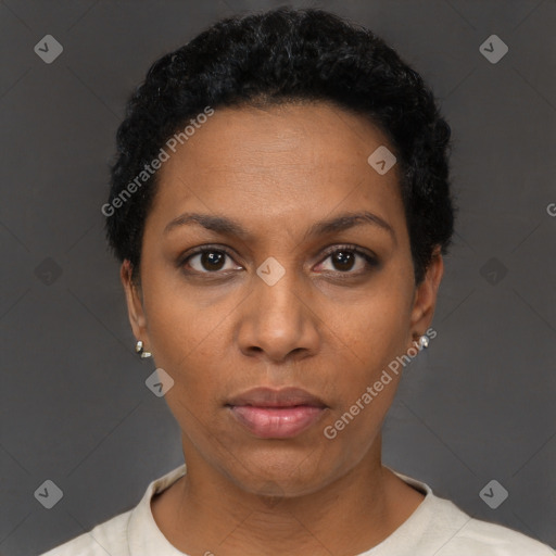 Neutral black young-adult female with short  black hair and brown eyes