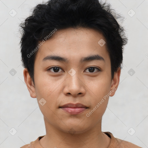 Neutral asian young-adult male with short  black hair and brown eyes