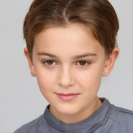 Joyful white child female with short  brown hair and brown eyes