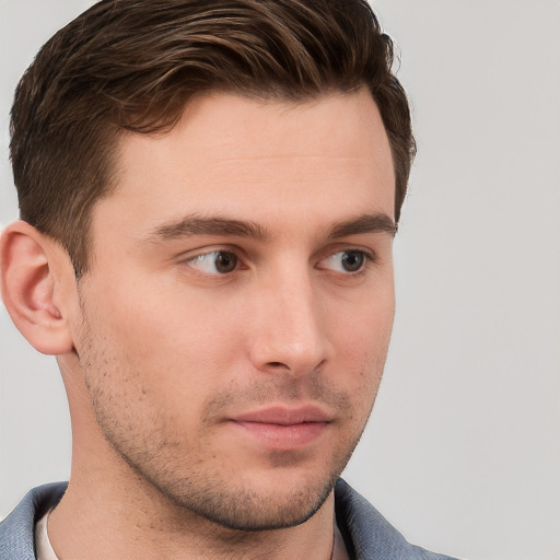 Neutral white young-adult male with short  brown hair and grey eyes