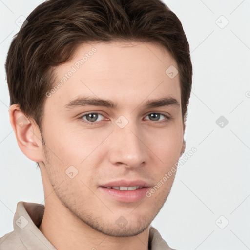 Neutral white young-adult male with short  brown hair and brown eyes