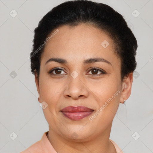 Joyful latino young-adult female with short  black hair and brown eyes