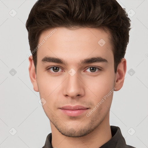 Neutral white young-adult male with short  brown hair and brown eyes