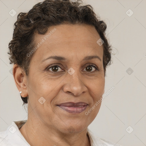 Joyful white adult female with short  brown hair and brown eyes