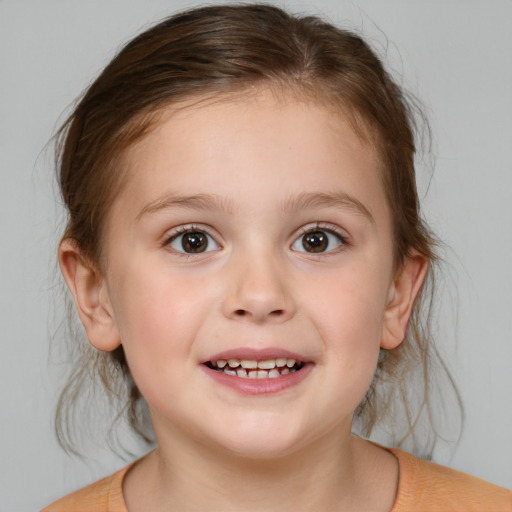 Joyful white child female with medium  brown hair and brown eyes