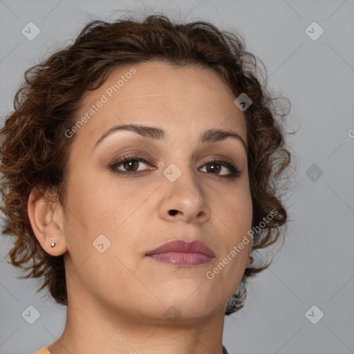 Neutral white young-adult female with medium  brown hair and brown eyes