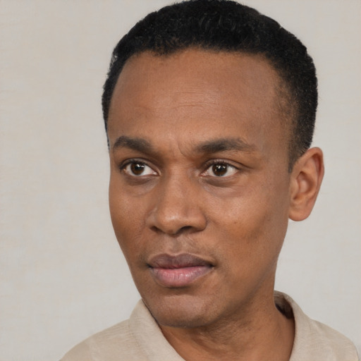 Neutral black young-adult male with short  black hair and brown eyes