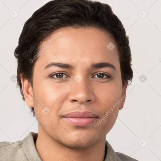 Joyful white young-adult female with short  brown hair and brown eyes