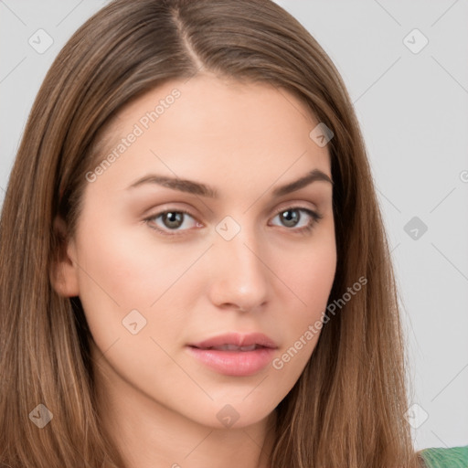 Neutral white young-adult female with long  brown hair and brown eyes