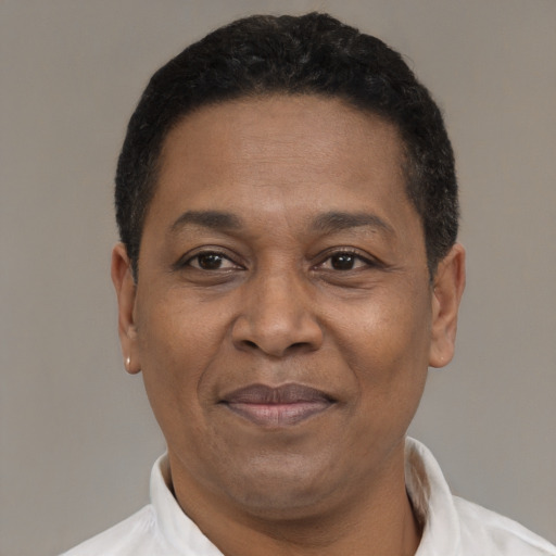 Joyful latino adult male with short  black hair and brown eyes