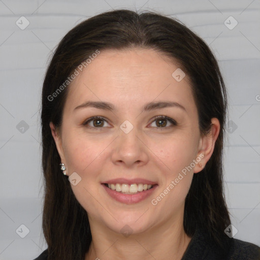 Joyful white young-adult female with long  brown hair and brown eyes