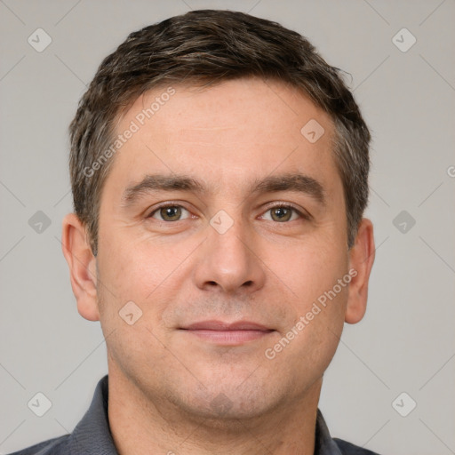 Neutral white adult male with short  brown hair and brown eyes