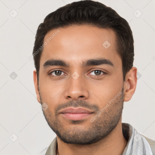 Neutral latino young-adult male with short  black hair and brown eyes