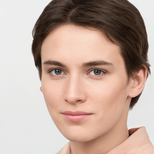 Neutral white young-adult female with short  brown hair and brown eyes