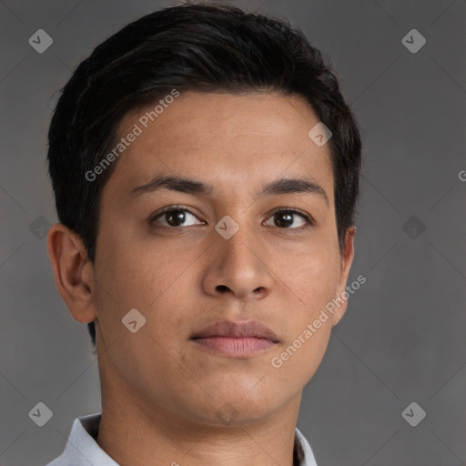 Neutral asian young-adult male with short  brown hair and brown eyes