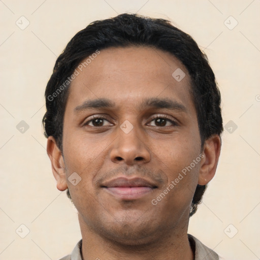 Neutral latino young-adult male with short  black hair and brown eyes