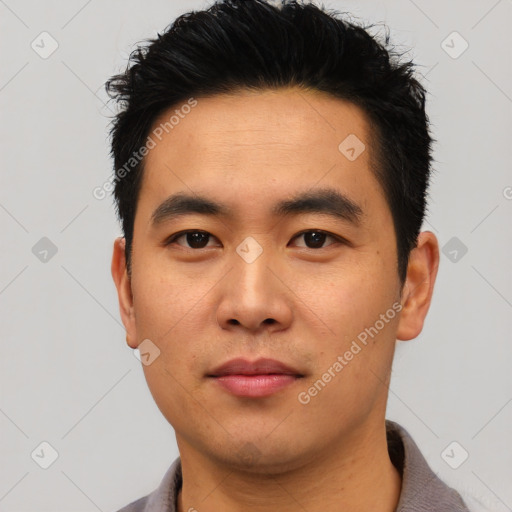 Neutral asian young-adult male with short  black hair and brown eyes