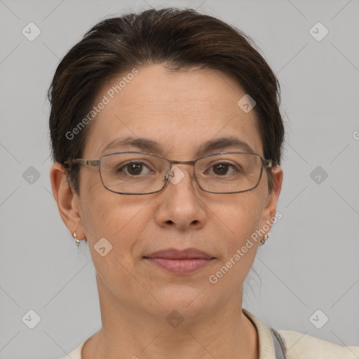 Neutral white adult female with short  brown hair and brown eyes