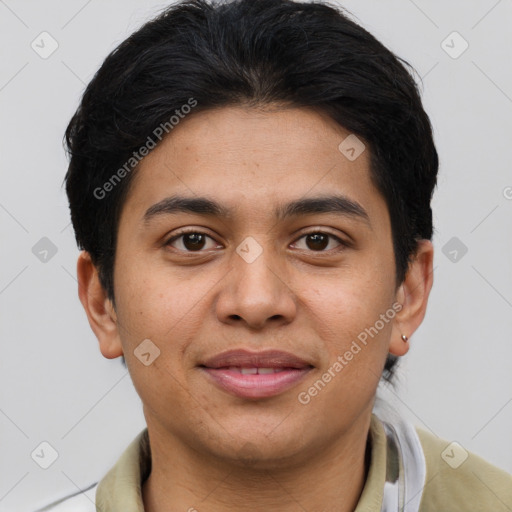 Joyful asian young-adult male with short  brown hair and brown eyes