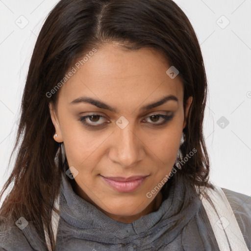 Joyful latino young-adult female with long  brown hair and brown eyes