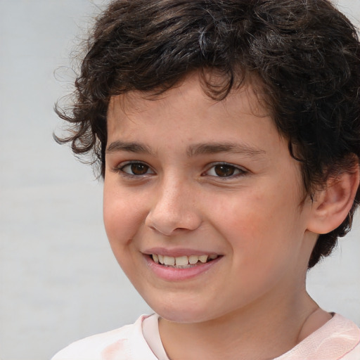 Joyful white child female with medium  brown hair and brown eyes