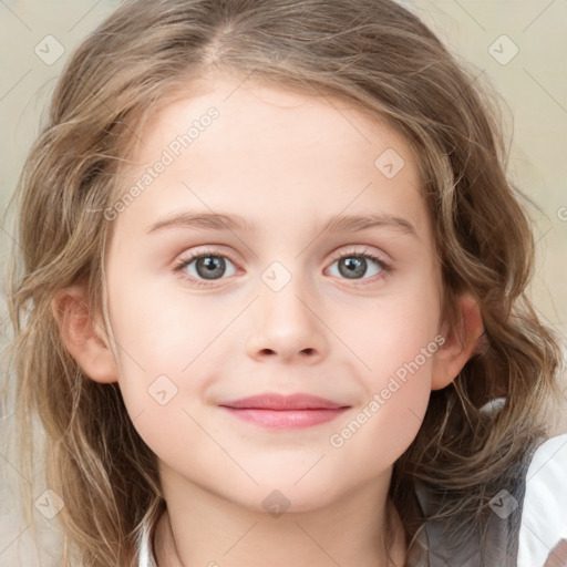 Joyful white child female with medium  brown hair and grey eyes