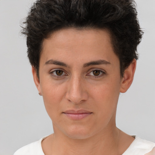 Neutral white young-adult female with short  brown hair and brown eyes
