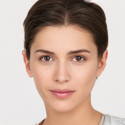 Neutral white young-adult female with short  brown hair and brown eyes