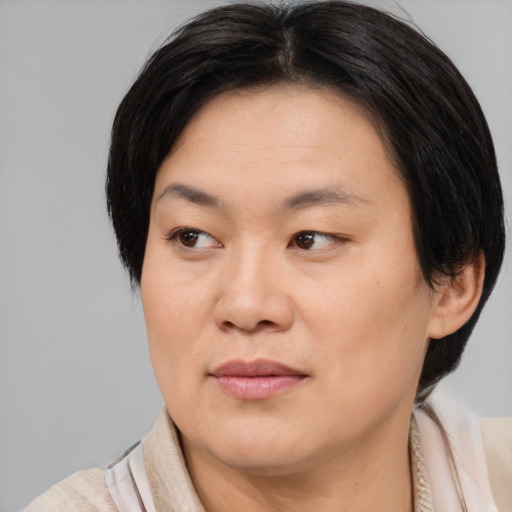 Joyful asian adult female with medium  brown hair and brown eyes