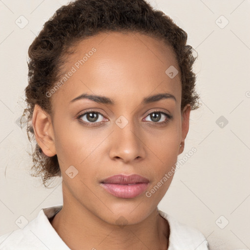 Neutral white young-adult female with short  brown hair and brown eyes