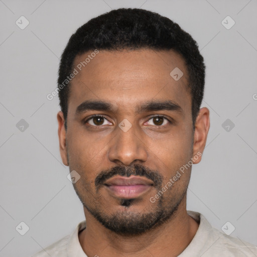 Neutral black young-adult male with short  black hair and brown eyes
