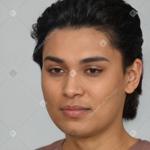 Neutral latino young-adult female with short  black hair and brown eyes