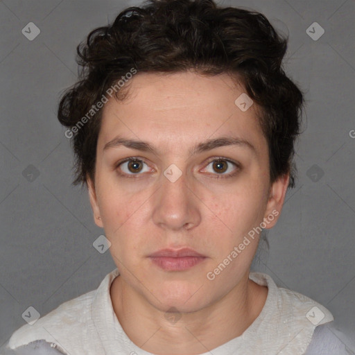 Neutral white young-adult female with short  brown hair and brown eyes