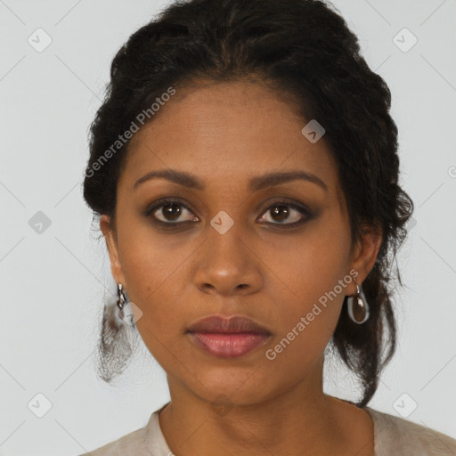 Neutral black young-adult female with medium  brown hair and brown eyes