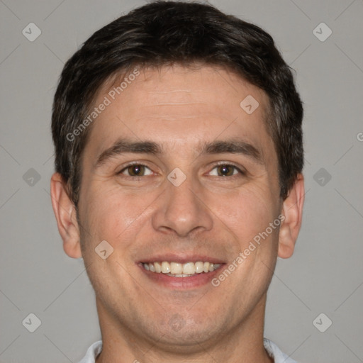 Joyful white young-adult male with short  brown hair and brown eyes