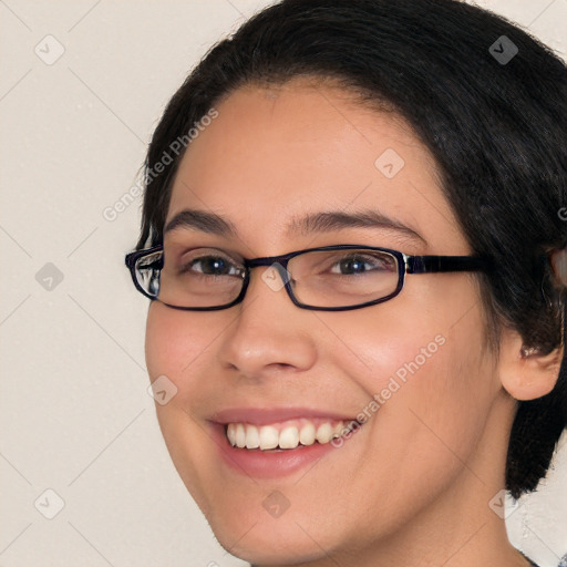 Joyful white young-adult female with medium  brown hair and brown eyes