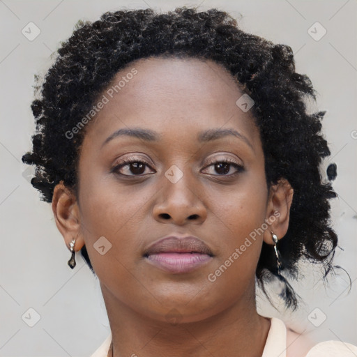 Neutral black young-adult female with medium  brown hair and brown eyes