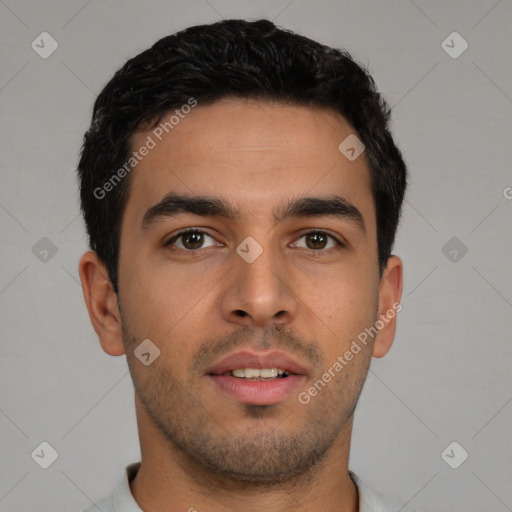 Neutral latino young-adult male with short  brown hair and brown eyes