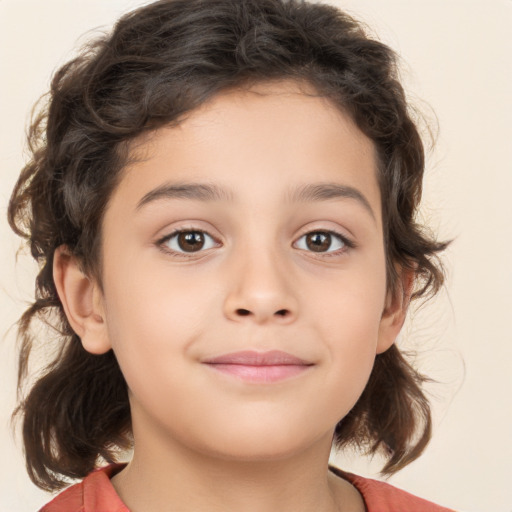 Joyful white child female with medium  brown hair and brown eyes