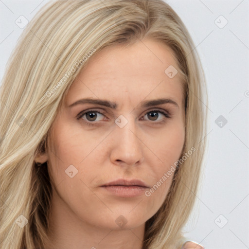 Neutral white young-adult female with long  brown hair and brown eyes