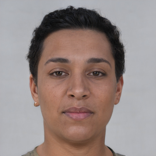 Neutral latino young-adult female with short  brown hair and brown eyes