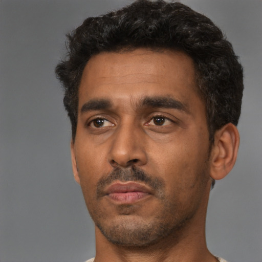 Neutral black adult male with short  black hair and brown eyes