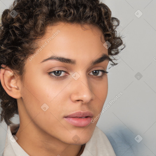 Neutral white young-adult female with short  brown hair and brown eyes