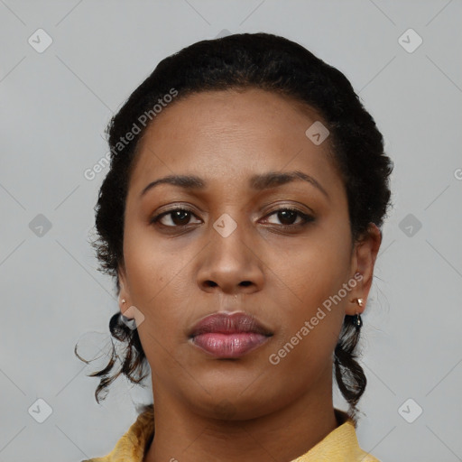 Neutral black young-adult female with short  black hair and brown eyes