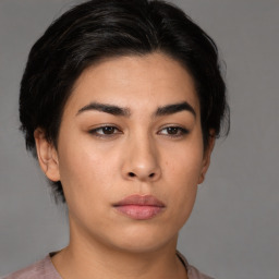 Neutral asian young-adult female with medium  brown hair and brown eyes