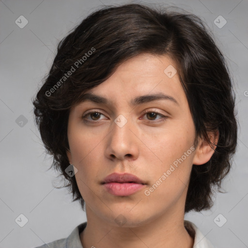 Neutral white young-adult female with medium  brown hair and brown eyes