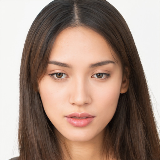 Neutral asian young-adult female with long  brown hair and brown eyes