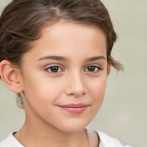 Joyful white child female with short  brown hair and brown eyes